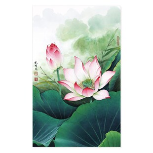 精选荷花自粘画50X80贴画卫生间装饰画荷花风水画50-80贴墙画海报