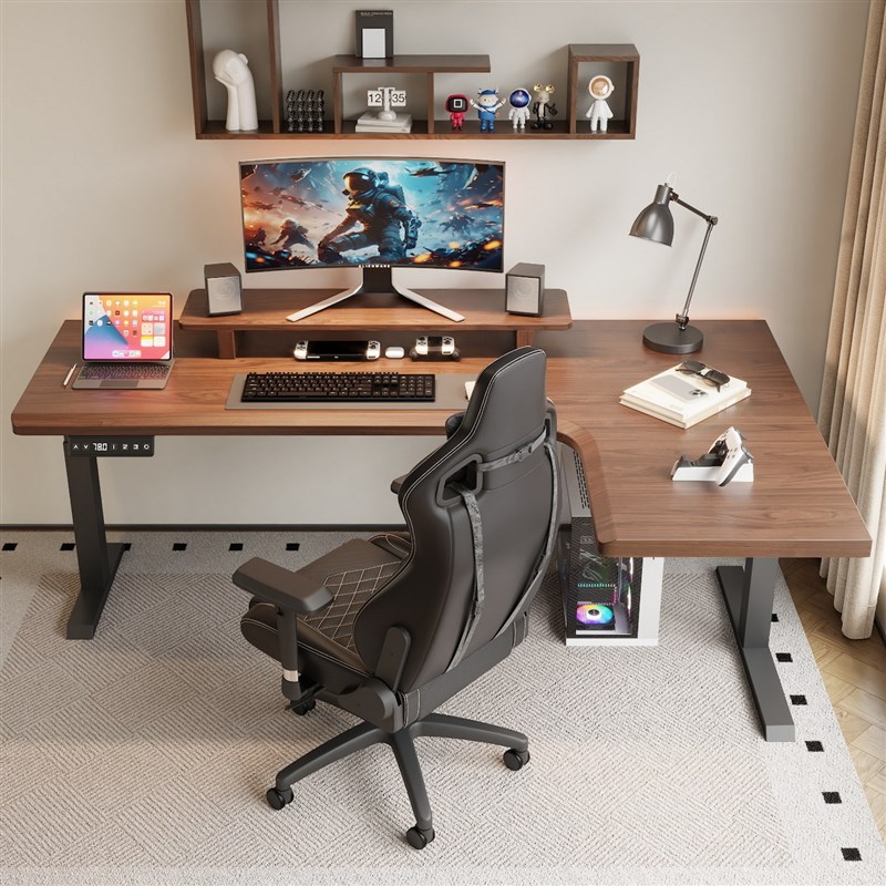 实木转角电动升降电脑桌家用卧室办公工作写字书桌双人台式电竞桌
