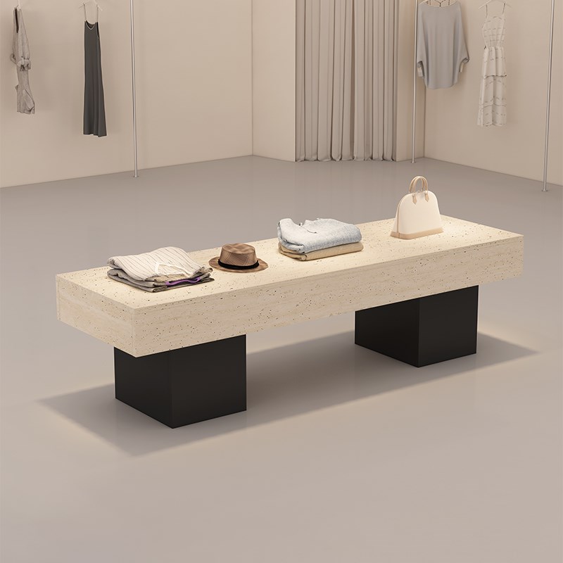 简约现代服装店中岛长条桌鞋包展示台陈列柜展示桌洞石纹流水台