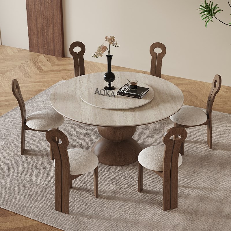 复古风实木岩板圆桌家用小户型设计师圆形饭桌法式圆餐桌椅胡桃色