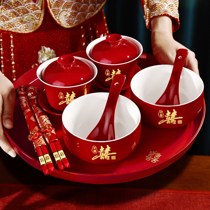 结婚用品改口敬茶杯套装一对喜碗喜杯杯子敬酒茶具婚礼茶杯婚庆