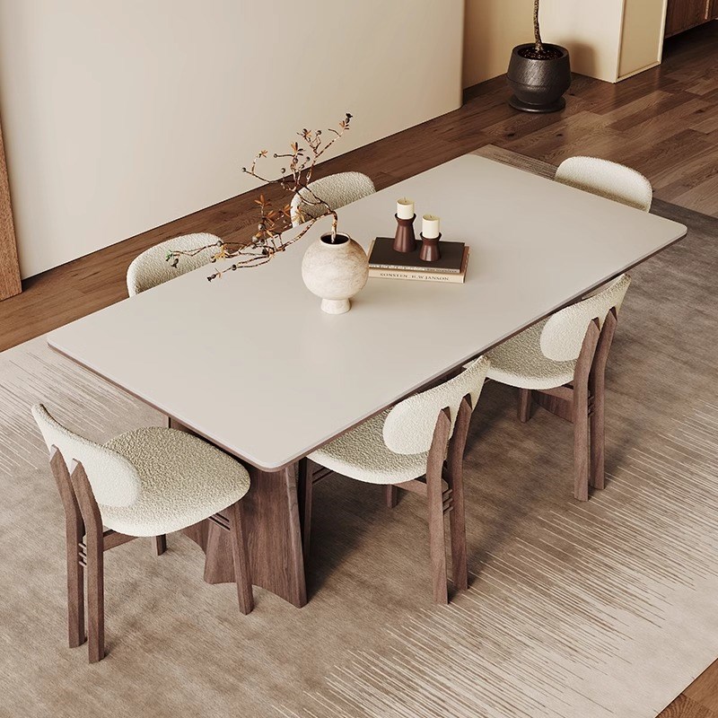 木缘古舍中古洞石岩板餐桌小户型全托饭桌6人长方形岩板实木餐桌