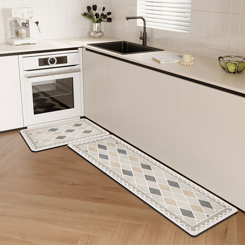复古格子厨房地垫防水防滑脚垫家用可擦洗I形长条吸水硅藻泥垫子