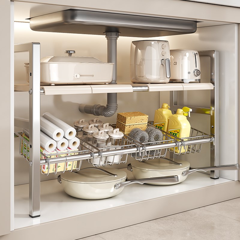 不锈钢厨房下水槽置物架橱柜内可伸缩放锅架多功能分层锅具收纳架