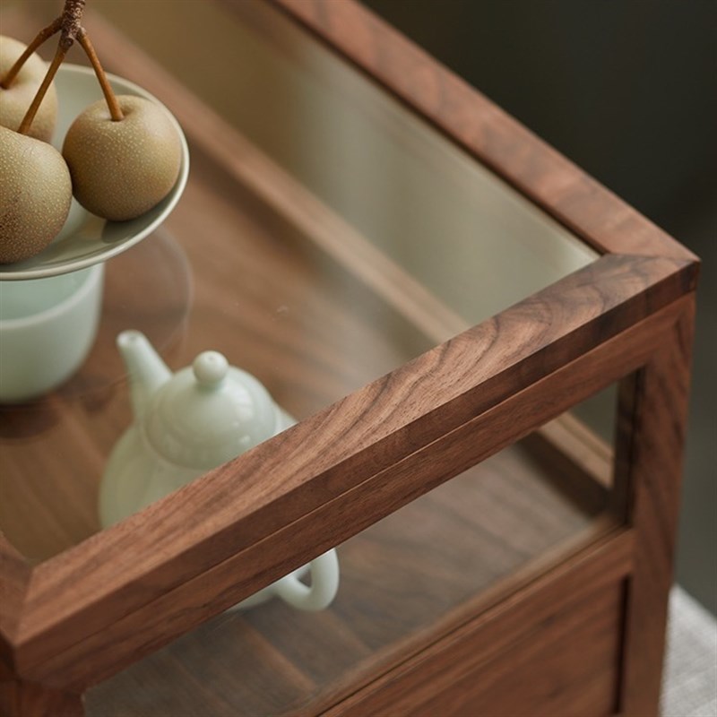 复古黑胡桃木实木玻璃面包展示柜咖啡店甜品茶具陈列架收纳柜