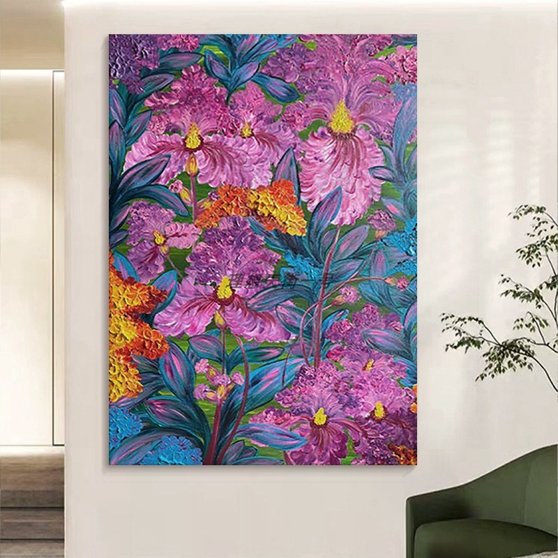 美式抽象植物纯手绘油画粉色花卉树叶客厅餐厅装饰画艺术玄关挂画图片