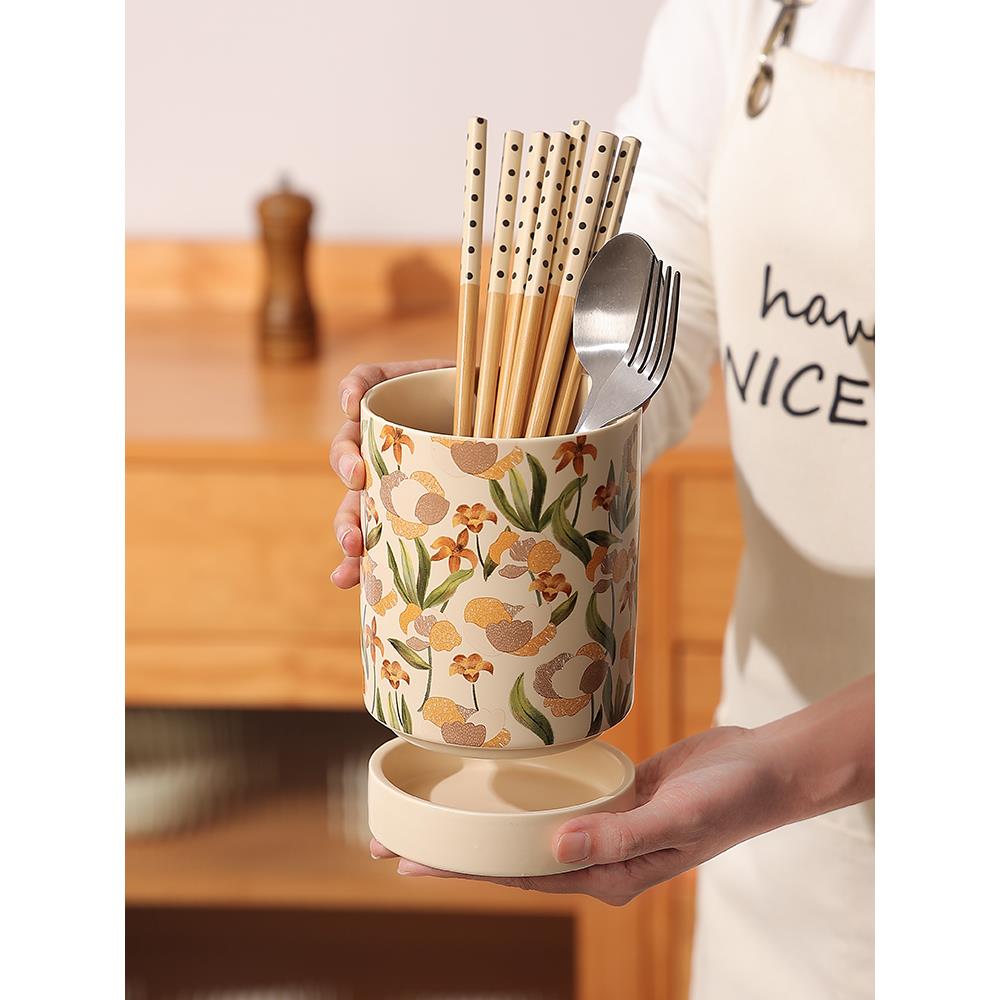 法式鸢尾花陶瓷筷子筒沥水防霉台面筷子笼筷子收纳盒家用高档新款