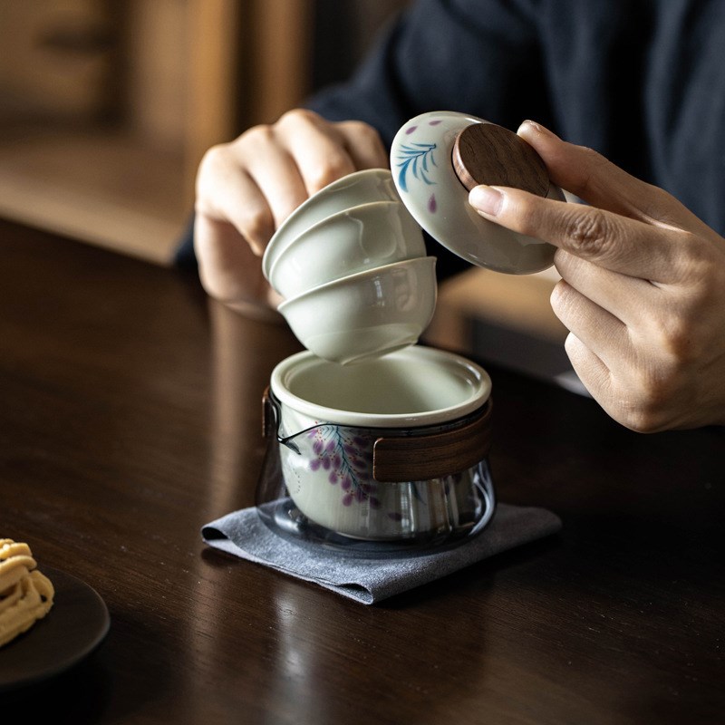 手绘陶瓷旅行茶具快客杯防烫玻璃套装F户外露营泡茶壶便携收纳布