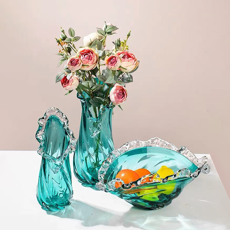 轻奢蓝色玻璃花瓶波浪花边水果盘家用客厅桌面样板间装饰花器摆件