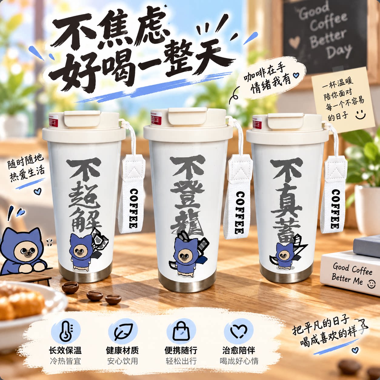 怪物猎人艾露猫周边保温杯搞怪呆猫水杯大容量儿童学生不锈钢杯子