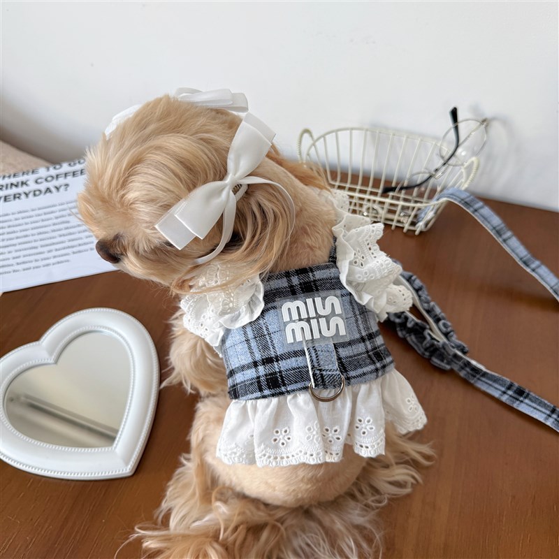 袋袋猫 蕾丝木耳花边p格纹宠物牵引背心 小型犬比熊狗春夏胸背衣