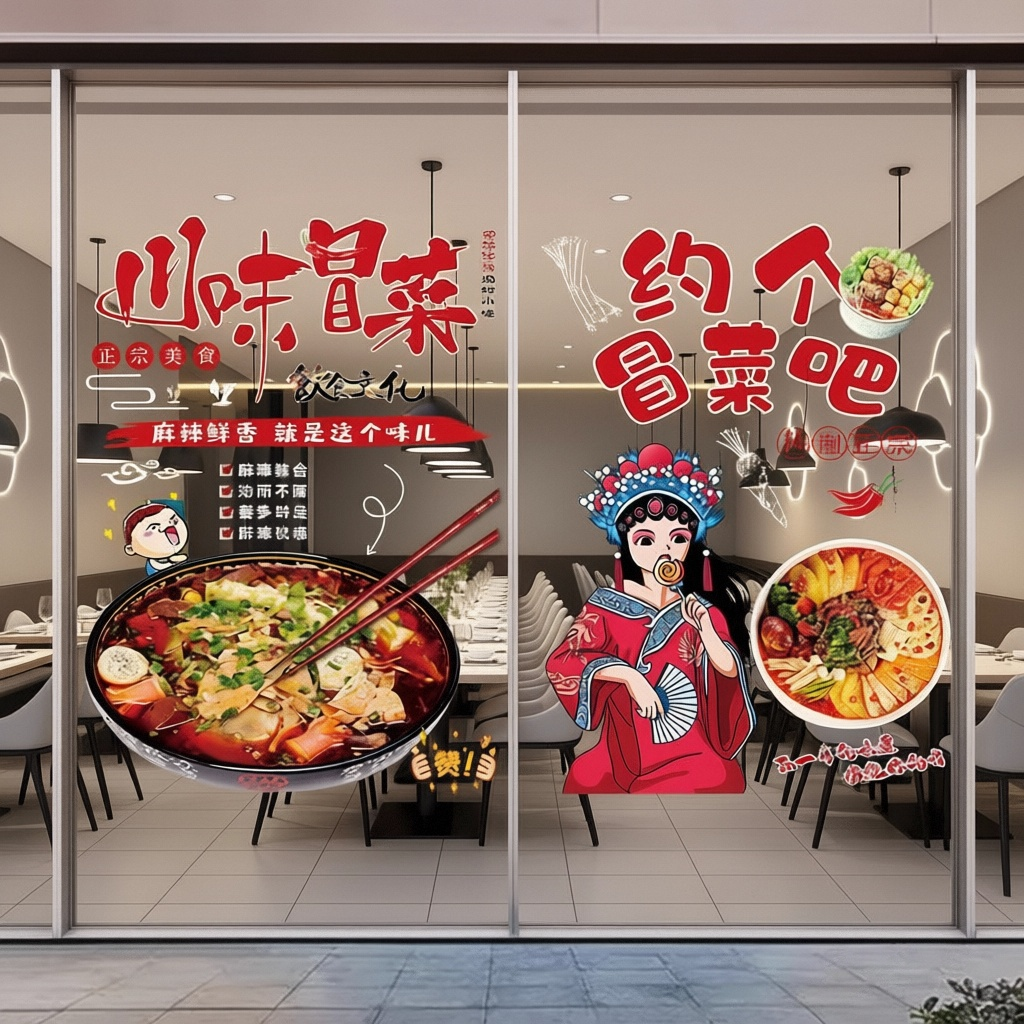 冒菜广告贴纸四川小吃店麻辣烫店橱窗海报冒菜店玻璃门装饰图片