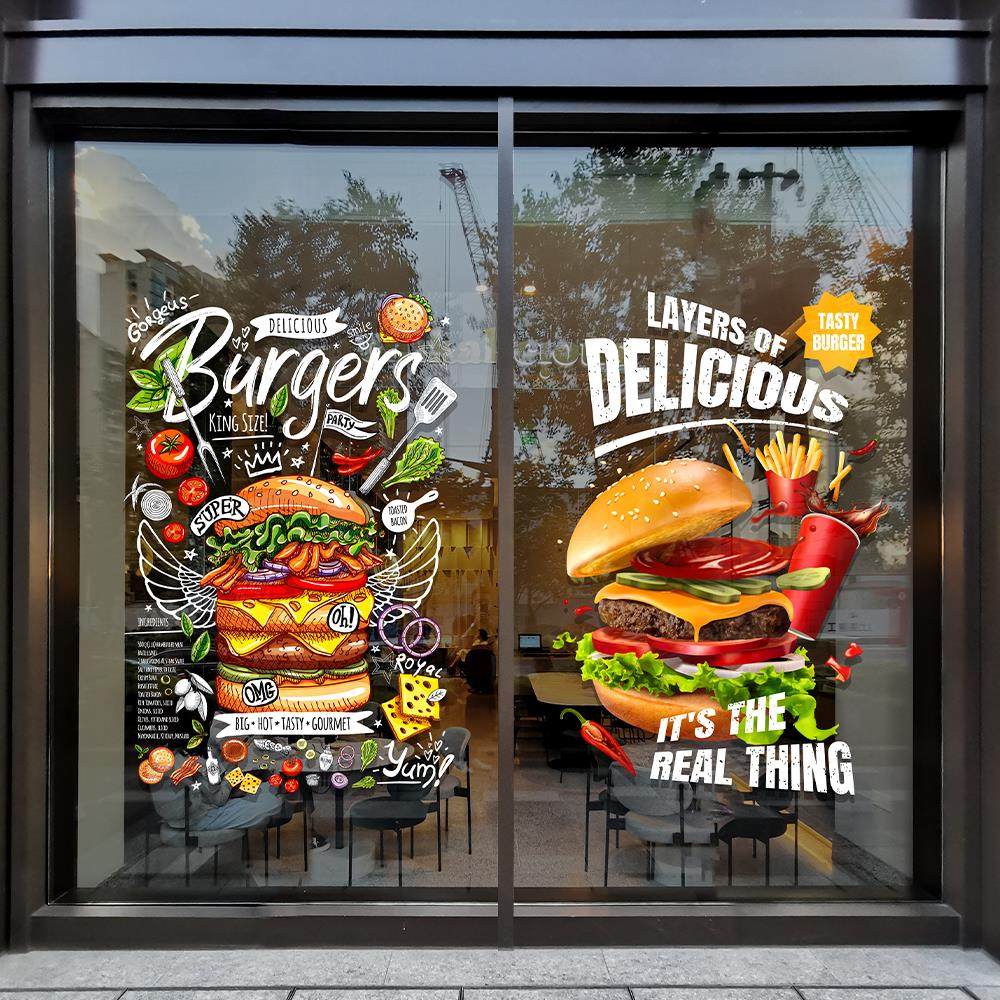汉堡炸鸡店橱窗装饰贴纸双面色彩时尚快餐店西餐厅薯条可乐静电贴