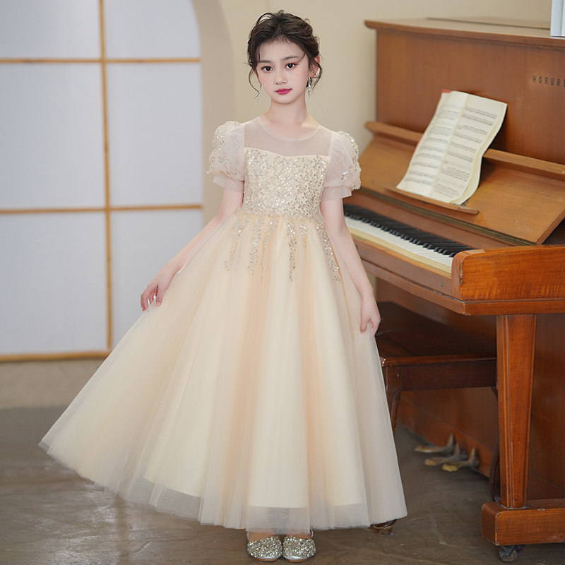 女童礼服公主裙高端主持人钢琴小女F孩生日儿童白色婚纱裙子演出