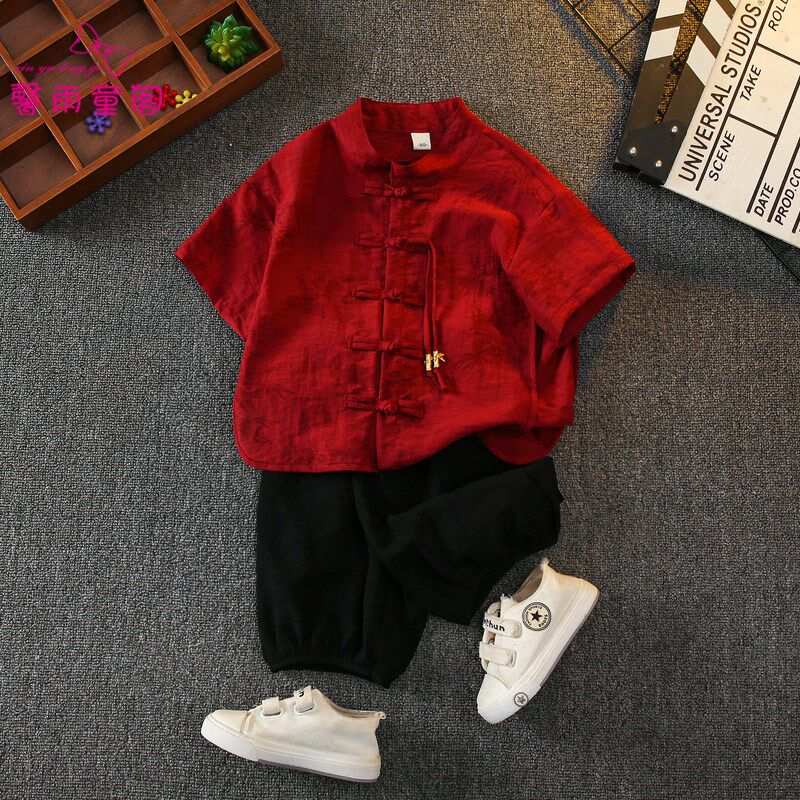 新中式汉服d男童夏季短袖套装中国风小少爷唐装男宝宝周岁礼服古