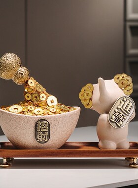 福到财到聚宝盆i摆件招财新中式家居客厅办公室博古架高档装饰品