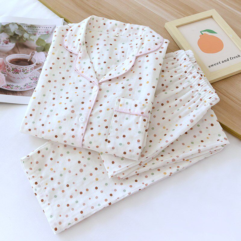 纯棉纱布睡衣女春秋2024新款薄夏季长袖长裤套装波V点小个子家居