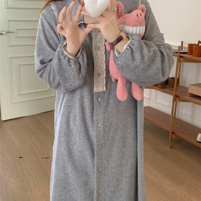 春秋睡裙女长裙娃娃小翻领可爱睡衣蕾G丝花边秋季家居服开衫套装