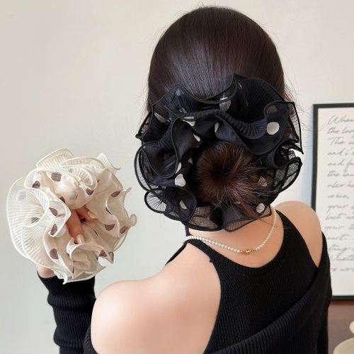 网红新款网纱波点韩版大肠发圈慵懒感时尚发绳头花丸子头皮筋头绳