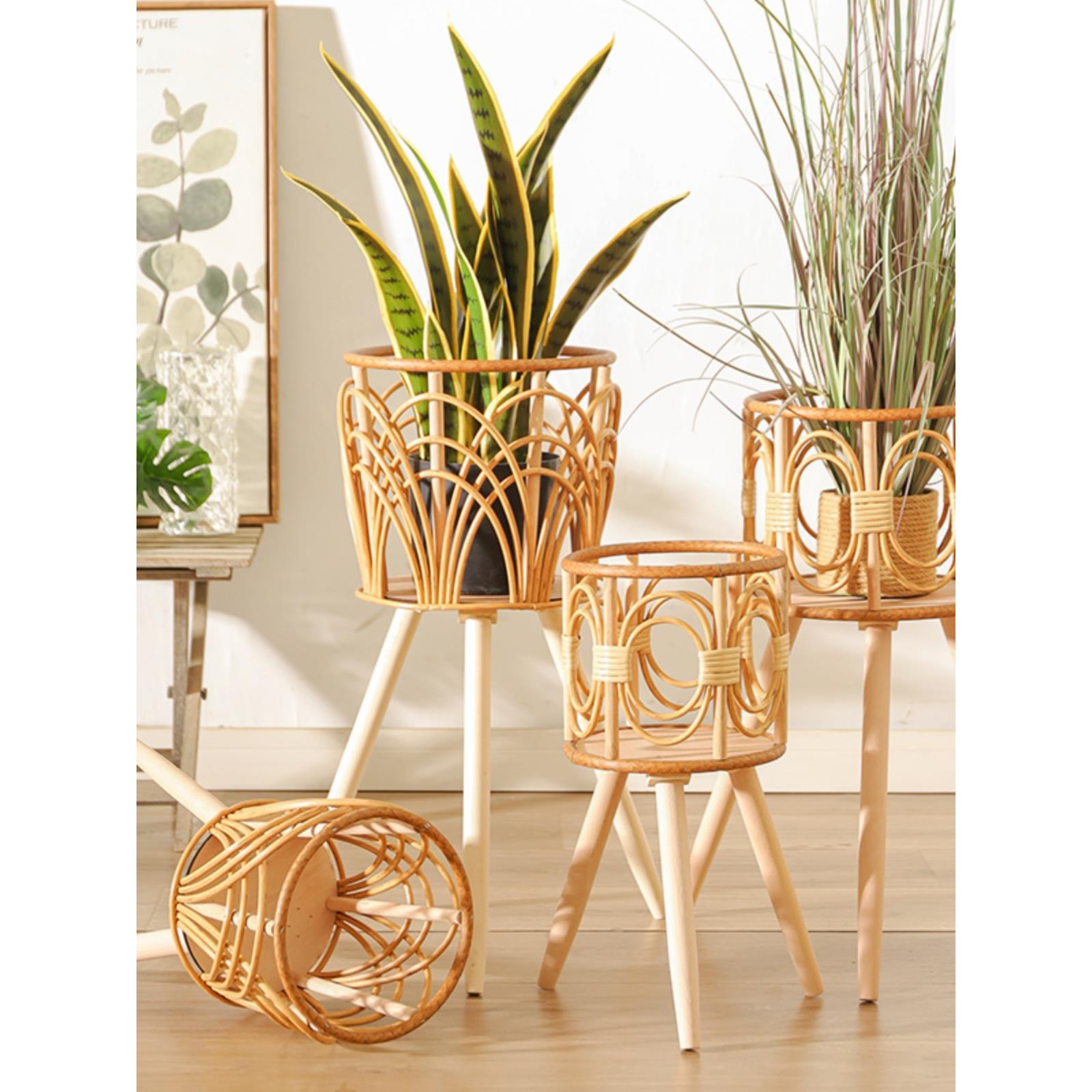 北欧编织花盆仿藤花架高脚落地式镂空阳台竹编花篮藤编花架室内