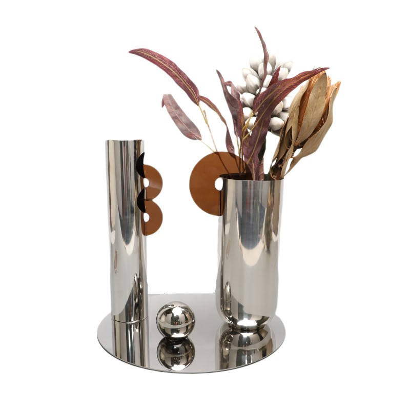 现代简约不锈钢银色花器摆件样板房售楼部家居客厅茶几轻奢装饰品