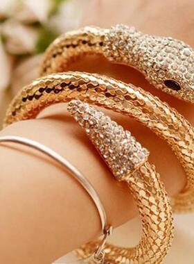 水钻缠绕合金镀金蛇形手镯欧美朋克夸张时尚多层满钻镂空手环臂镯