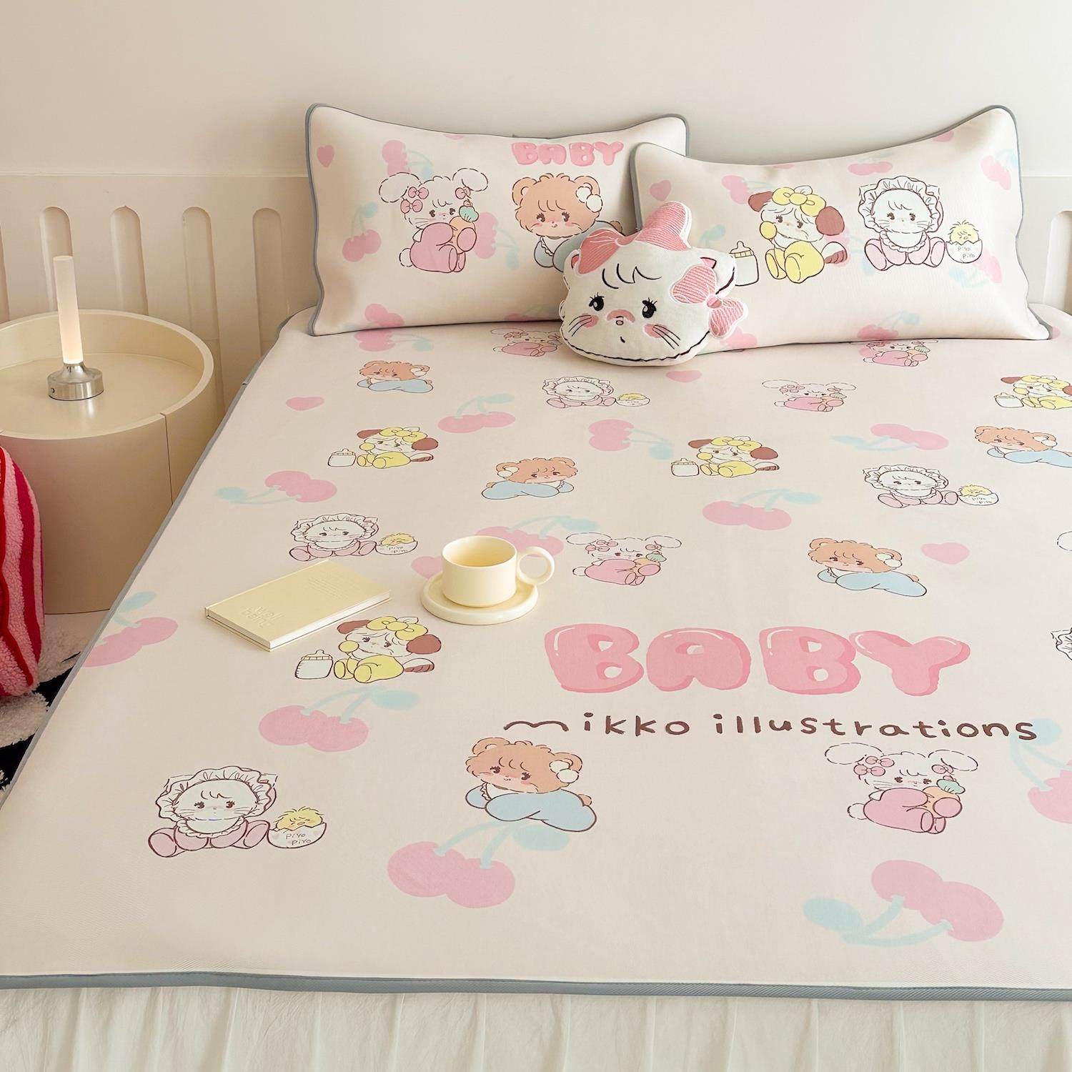 小美寝室 mikko夏季冰丝凉席三件套粉色少女心可水洗空调软席子