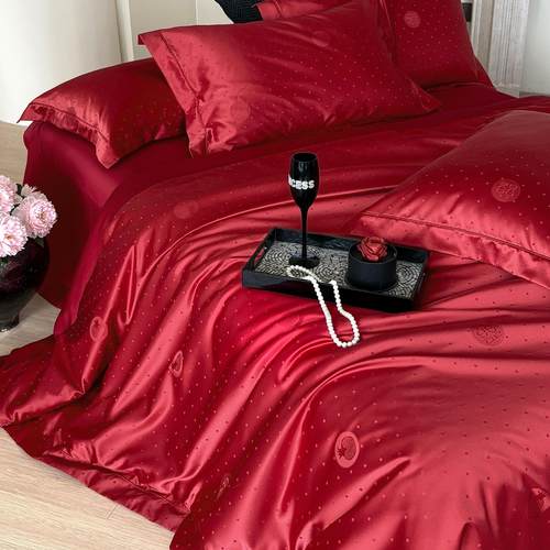 轻奢石榴提花婚庆床上四件套丝滑结婚红色被套全棉床单1.8米床品