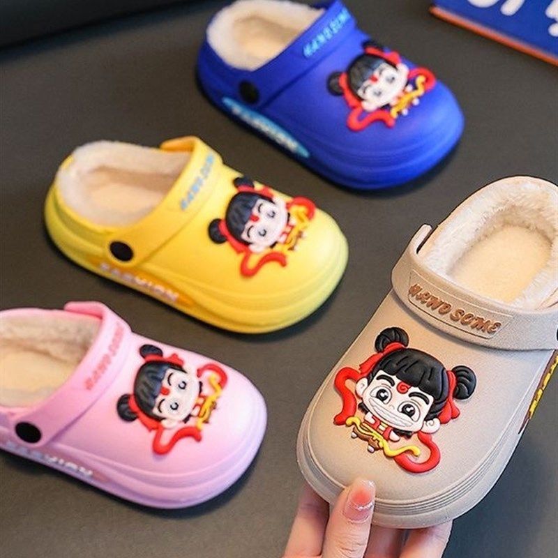 精选新款秋冬季哪咤儿童棉拖鞋男女童保暖加绒防水中小童小孩包跟