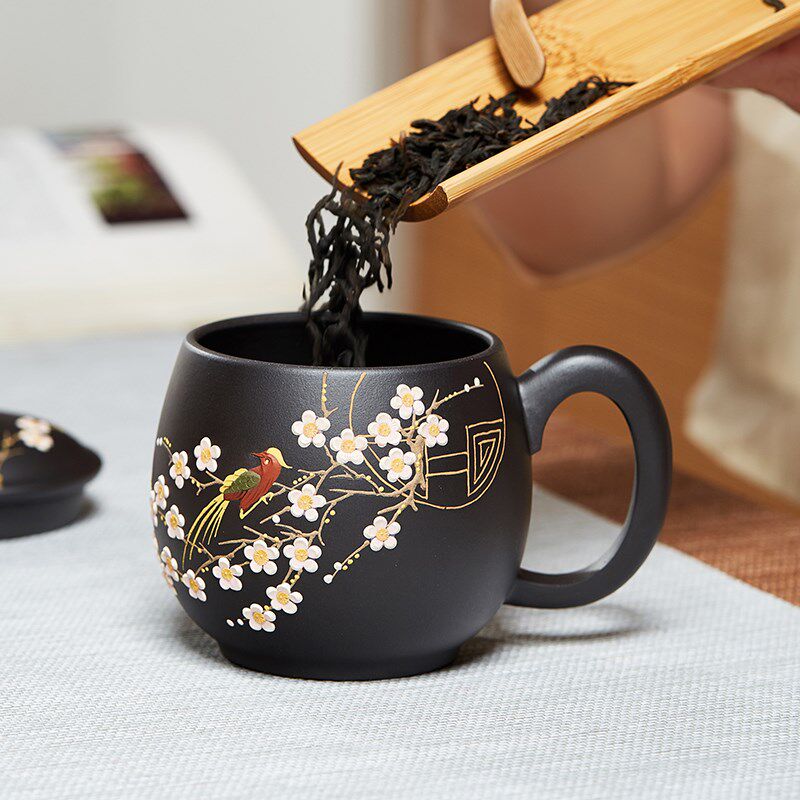 宜兴紫砂杯堆绘花鸟变色梅花盖杯个人专用石黄泡茶杯功夫茶具家用