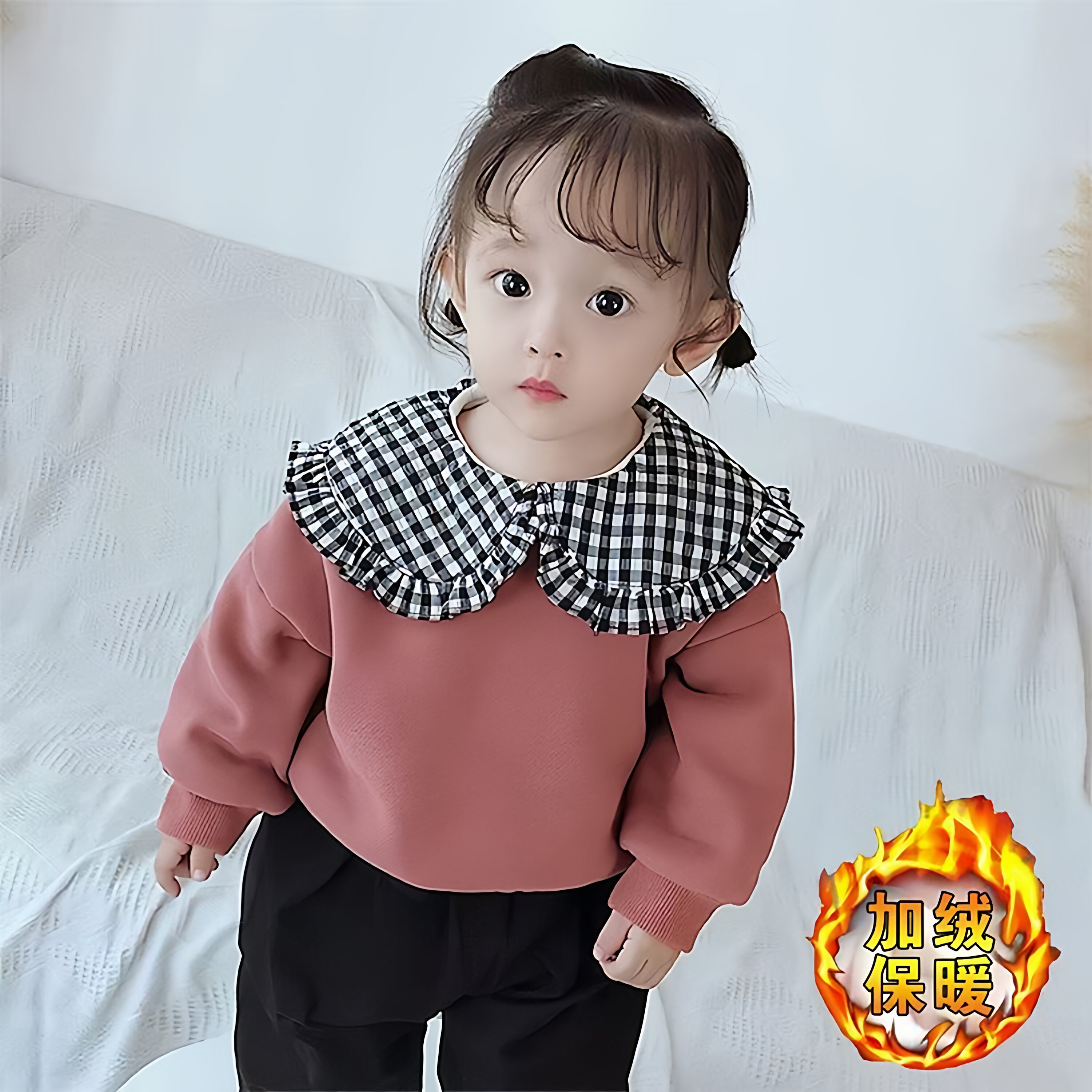 女宝宝秋冬装加绒加厚卫衣2025新款韩版洋气女童秋季木耳边上衣潮