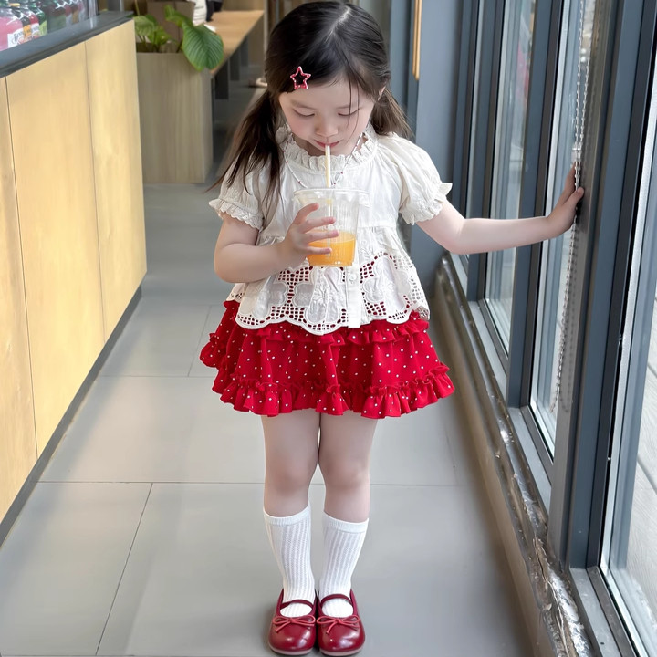 女宝宝夏季套装裙子洋气2025新款女童蓬蓬裙娃娃摆小衫套装红色