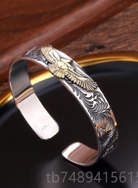 正品S925饰银士复古手工银高桥吾草郎风格老鹰唐男潮人个性男手镯