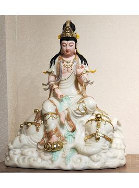 正品汉白佛玉文殊菩萨像居家供纯奉铜贤家用摆件彩绘华严三普圣神