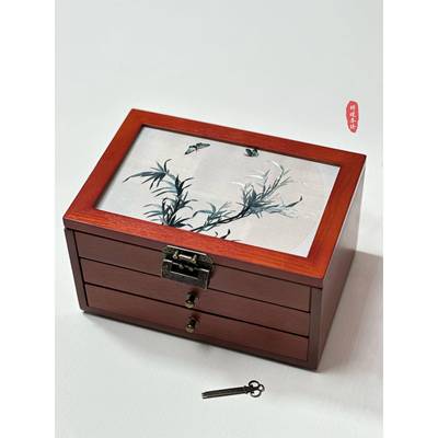 正品新中苏式刺绣木质实木绣带新锁首饰盒珠宝收纳盒送闺蜜娘结婚