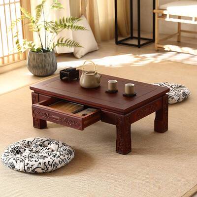 正品包实邮彷古米雕花榻榻茶几老榆木炕桌台木矮桌中式抽屉地矮桌
