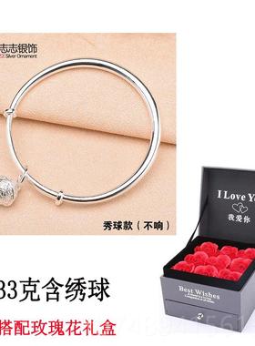 正品999纯银光面手女 简约宫镯铃铛银手环送子镯刻字年轻银饰女友