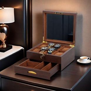 高级款烤漆黑胡桃纹8位手表盒高端带锁珠宝首饰收纳展示包装盒子