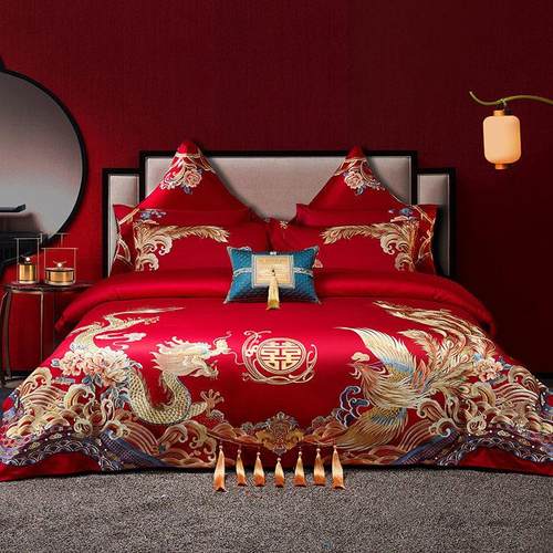 120支高端四件套婚庆大红色刺绣龙凤长绒棉结婚陪嫁全棉床上用品4