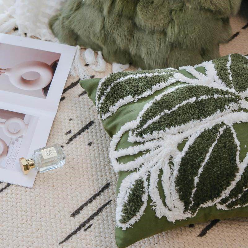 森系绿色植物簇绒中古风抱枕沙发客厅轻奢高级感法式复古靠垫枕套