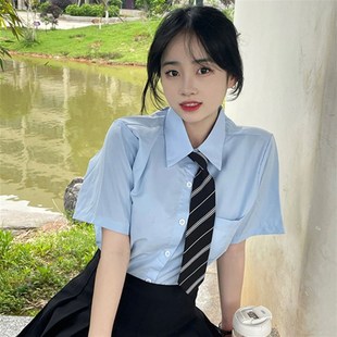 衬衫 韩剧学院风套装 小个子甜美清纯蓝色短袖 夏季 百褶裙两件套 女款