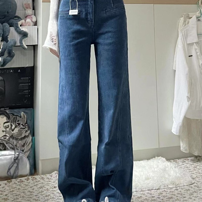 秋季新款女装后背蝴蝶结阔腿牛仔裤女设计感直筒高腰显瘦微喇裤子