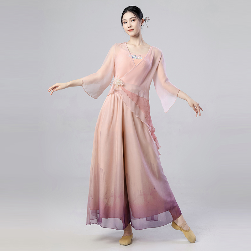 古典纱衣女身韵练功服仙气飘逸粉色中国舞表演演出服套古典舞蹈服