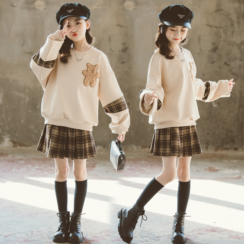 女童洋气加绒加厚连衣裙秋冬季2021新款儿童卫衣公主裙百褶套装裙