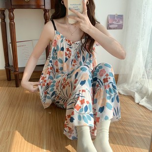 新款 棉绸吊带睡衣女春秋款 人造棉韩版 宽松清新可爱家居服夏套装