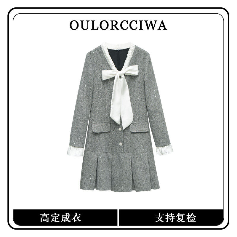 蝴蝶结绑带毛呢女中长款2024冬季新款撞色外套连衣裙OLQW-1675