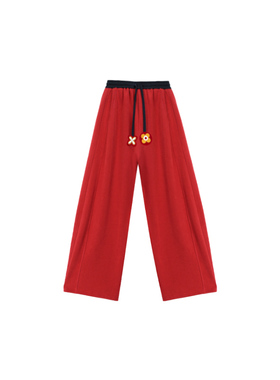 2025秋冬新年好运松紧腰休闲直筒阔腿裤女红色撞色百搭时尚ZW-69