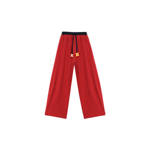 2025秋冬新年好运松紧腰休闲直筒阔腿裤 女红色撞色百搭时尚