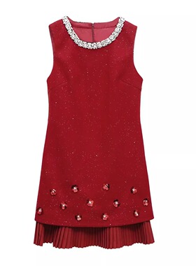 2025秋冬新款红色钉珠背心连衣裙女高级感显瘦A字裙OLQW-2214