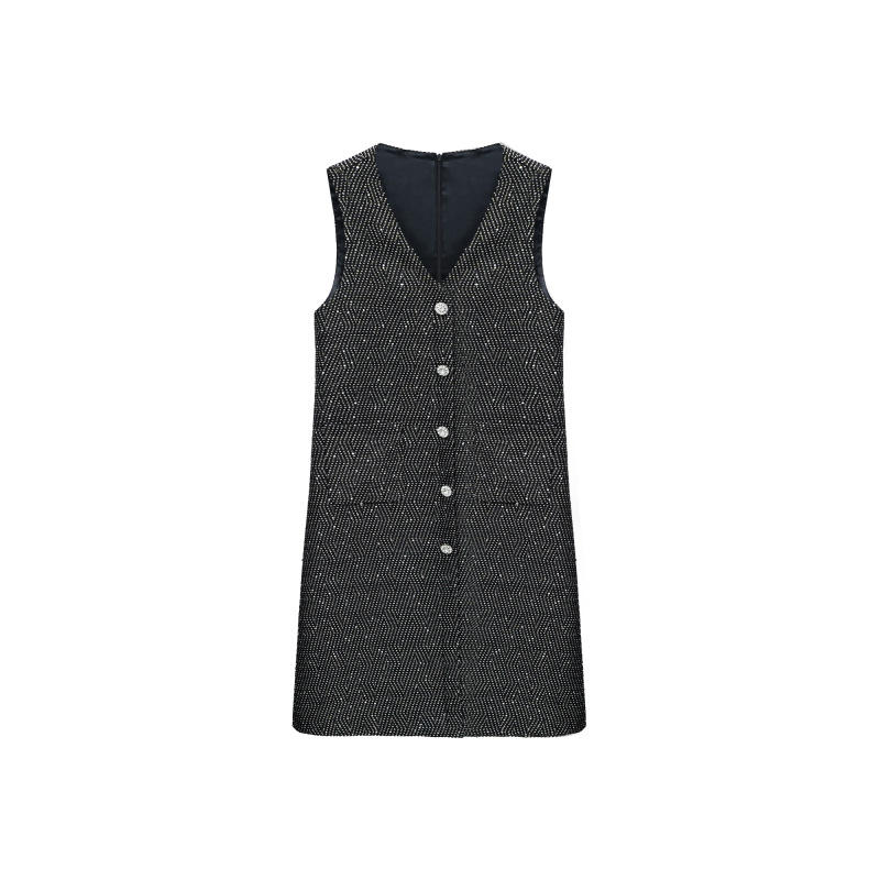 小香风黑色粗花呢背心裙女V领无袖高级感千金风连衣裙OLQW-848